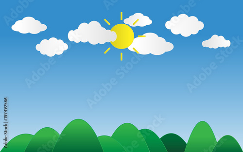 sun shines on blue sky with clouds above green mountains with space sky paper cut art and craft