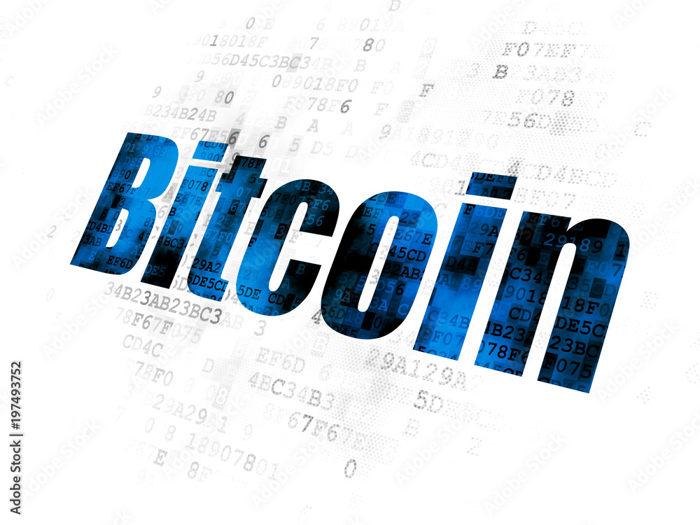 Cryptocurrency concept: Pixelated blue text Bitcoin on Digital background Cryptocurrency concept: Pixelated blue text Bitcoin on Digital background