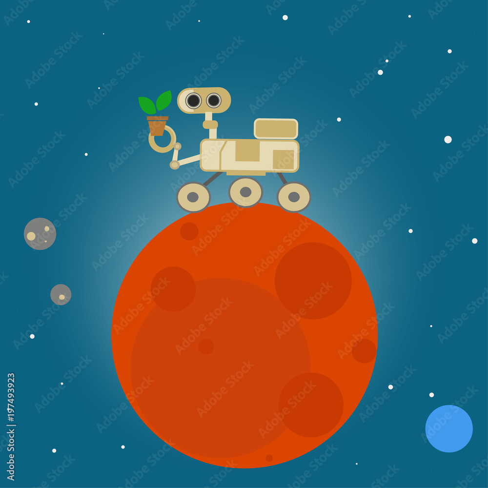 Rover on Mars in cartoon style