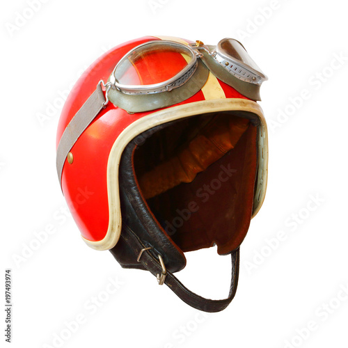 Retro helmet with goggles on a white background. Protective headwear for motorcycle and automobile race. 