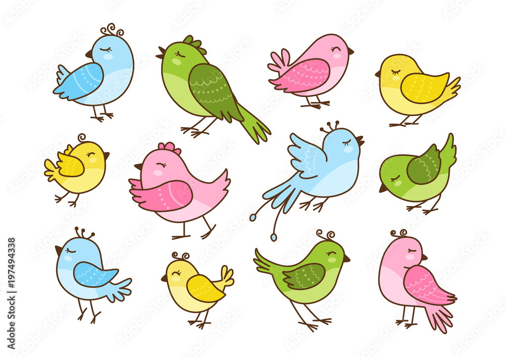 Set of 12 cute birds isolated on white Set of 12 cute birds isolated on white
