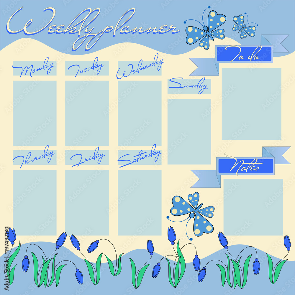 Light blue weekly planner with flowers and butterflies. Stationery organizer for  girl daily plans. Floral vector weekly planner template, schedules.