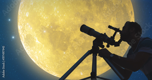 Man with a telescope watching Moon and stars.