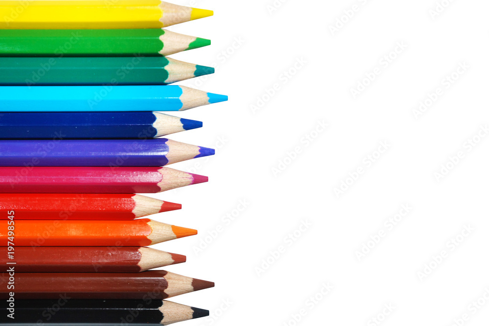 Color pencils isolated on white background. Art and hobby concept card, empty space for text, top view Color pencils isolated on white background. Art and hobby concept card, empty space for text, top view