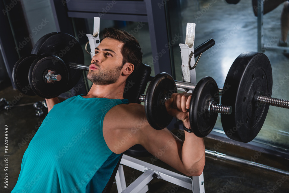 muscular sporty man exercising with dumbbells in gym muscular sporty man exercising with dumbbells in gym