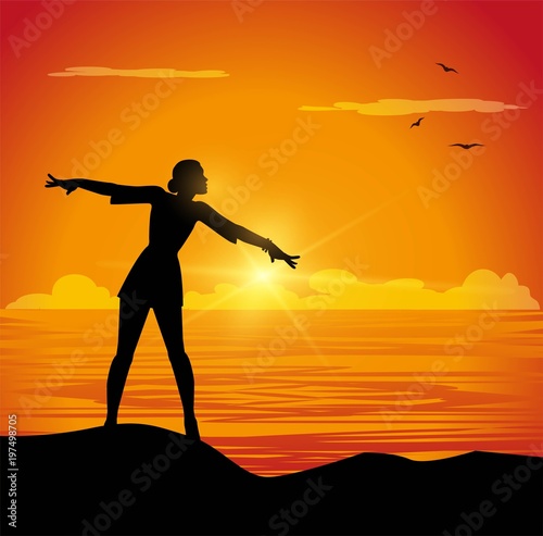 illustrazione vettoriale di ragazza a braccia aperte di fronte al mare