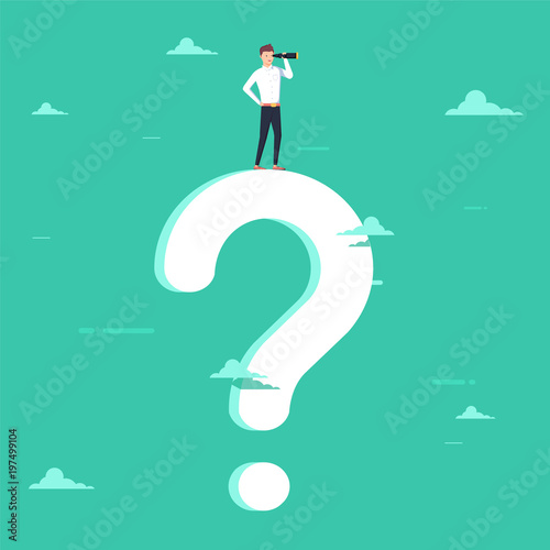 Business decision vector concept with businessman visionary standing on giant question mark. Symbol of business vision