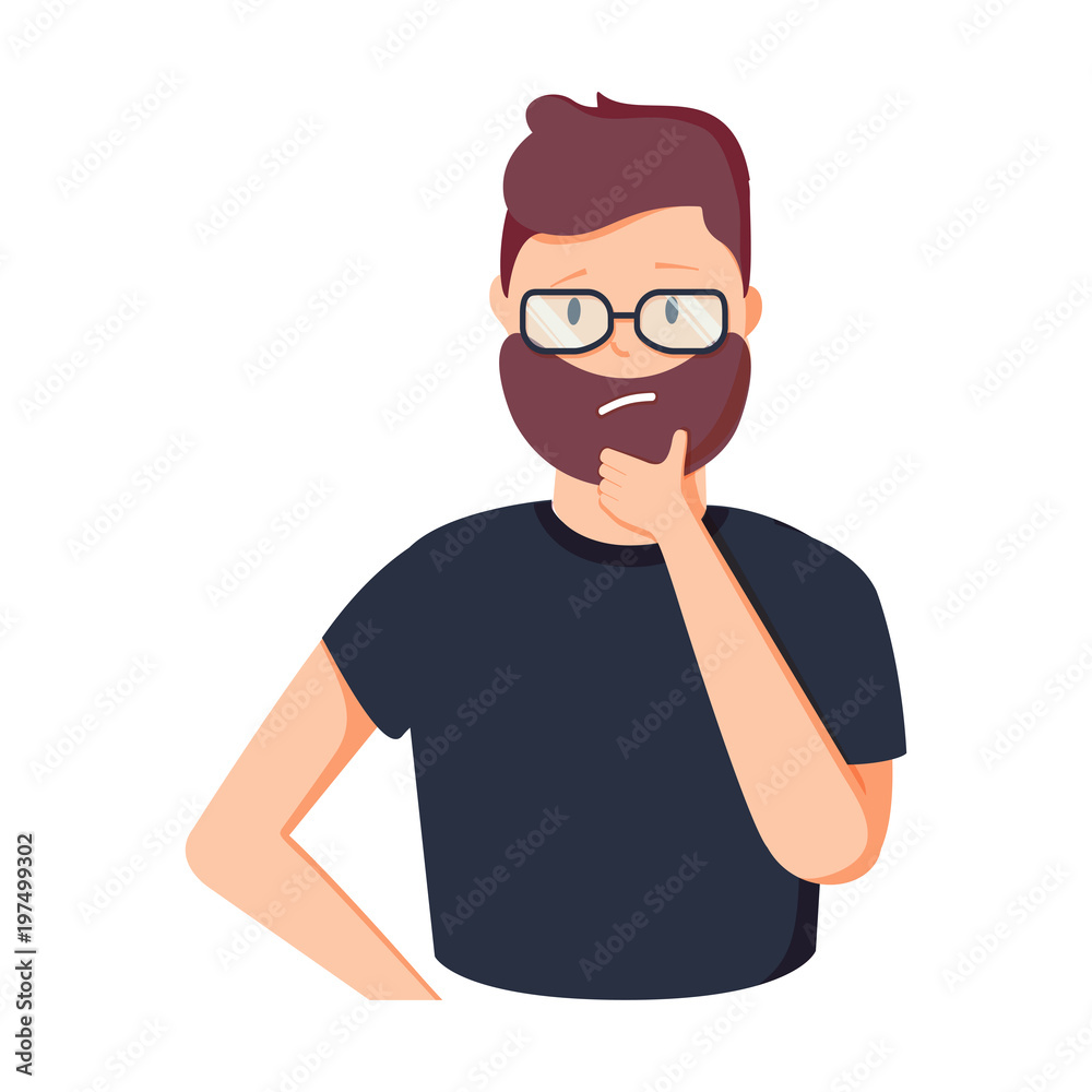 Funny cartoon businessman thinking. Person in glasses having gesture vector illustration. Creative man brainstorming