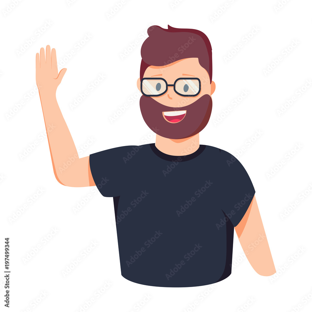 Vector illustration character happy business man greeting say Hi Hello. Cartoon style man in glasses holding hand up. Vector illustration character happy business man greeting say Hi Hello. Cartoon style man in glasses holding hand up.