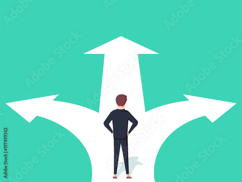 Business decision concept vector illustration. Businessman standing on the crossroads with two arrows and directions. photo
