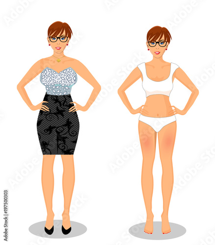 cartoon girl with short brown hair in black dress and white bikini