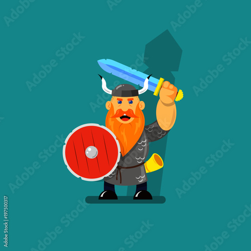 colored cartoon illustration of a Viking with sword and shield