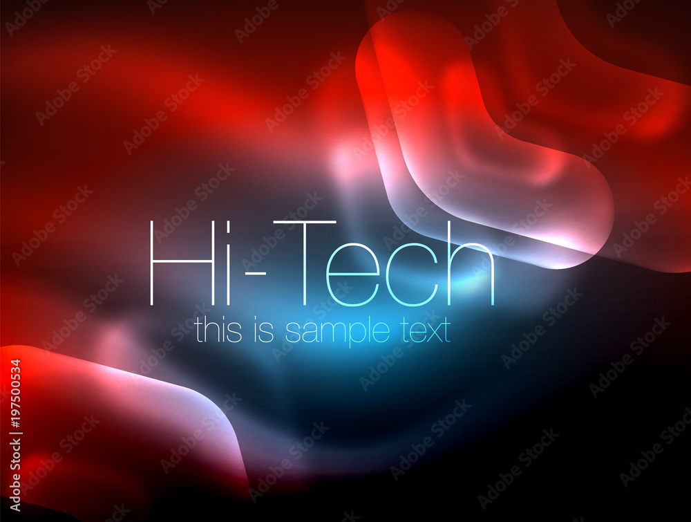 Blurred arrows in dark space. Neon pointers, glass glossy design, abstract shiny techno background, web banner