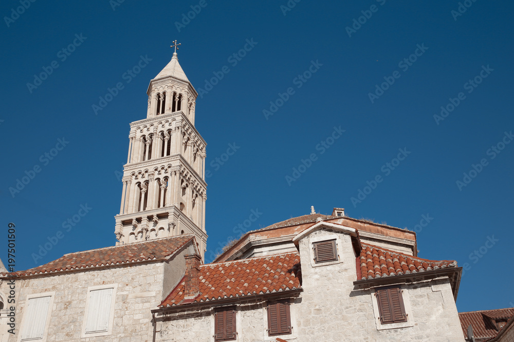 Bell of Diocletian's Palace. Cathedral of Saint Domnius public  landmark over blue sky, Split, Croatia.