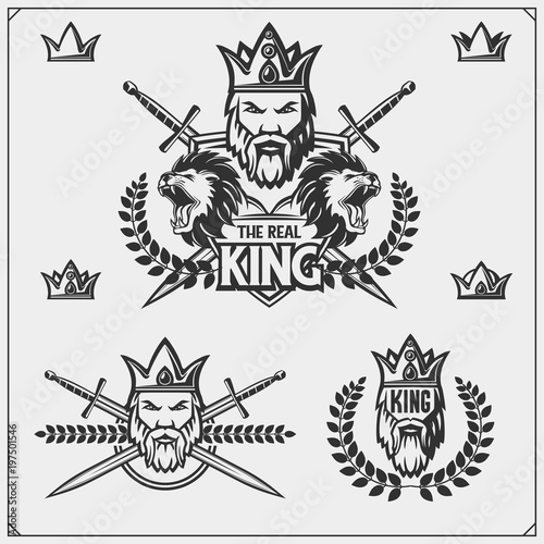 Set of emblems and labels with bearded king in a crown and lion.