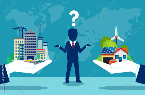 Man choosing between urban and country lives