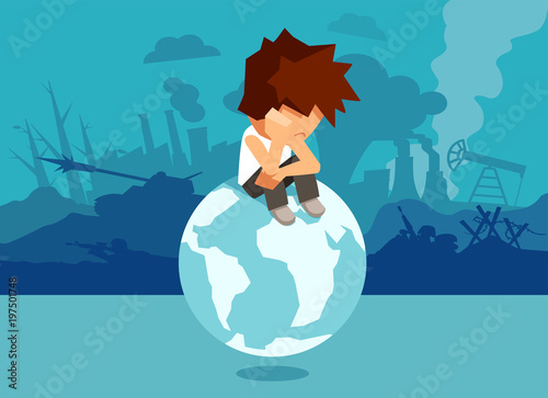 Sad man on globe with bad environment