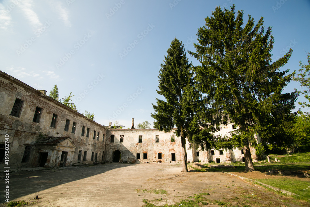 Fototapeta premium Ruins of the old Klevan castle. Ruined wall with windows against the blue sky. Courtyard. Rivne region. Ukraine
