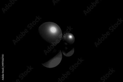 Two balls in a black room. 3D rendering.