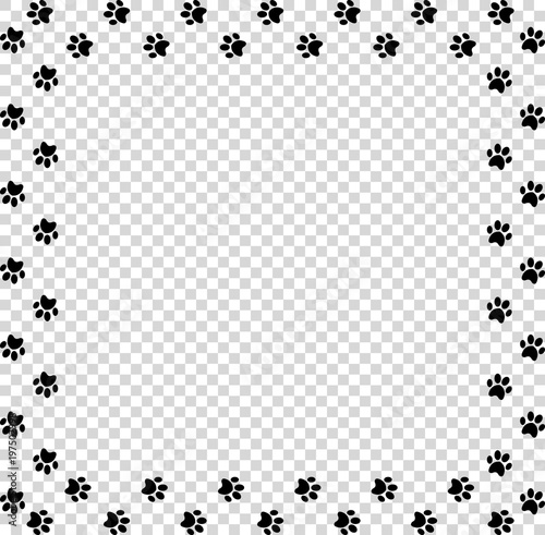 Square frame made of black animal paw prints on transparent background.