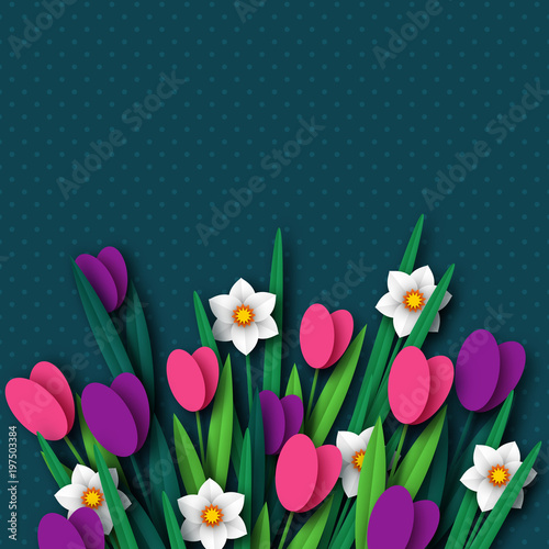 Paper cut spring flowers tulip and narcissus. Template for greeting card, holiday background. Papercraft style. Vector illustration.