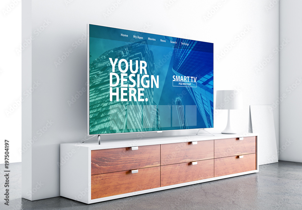 Side View Smart TV Mockup with Contemporary Furniture Stock Template Adobe Stock