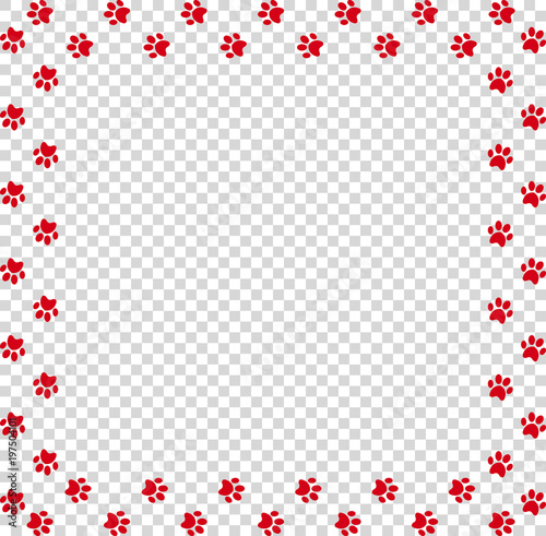 Square frame made of red animal paw prints on transparent background