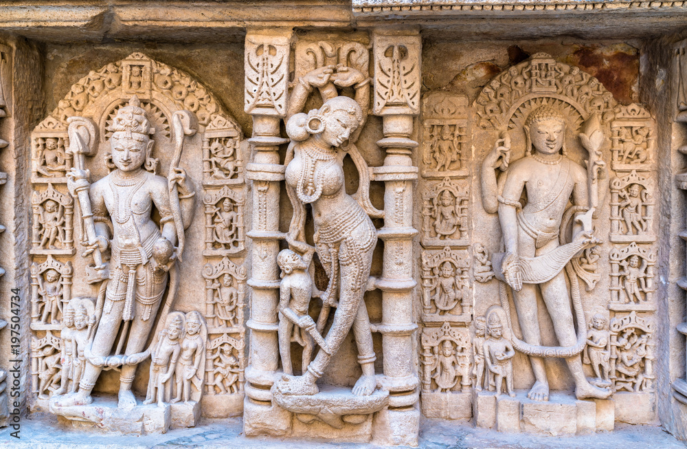 Sculptures of goddesses at Rani ki vav, an intricately constructed stepwell in Patan - Gujarat, India