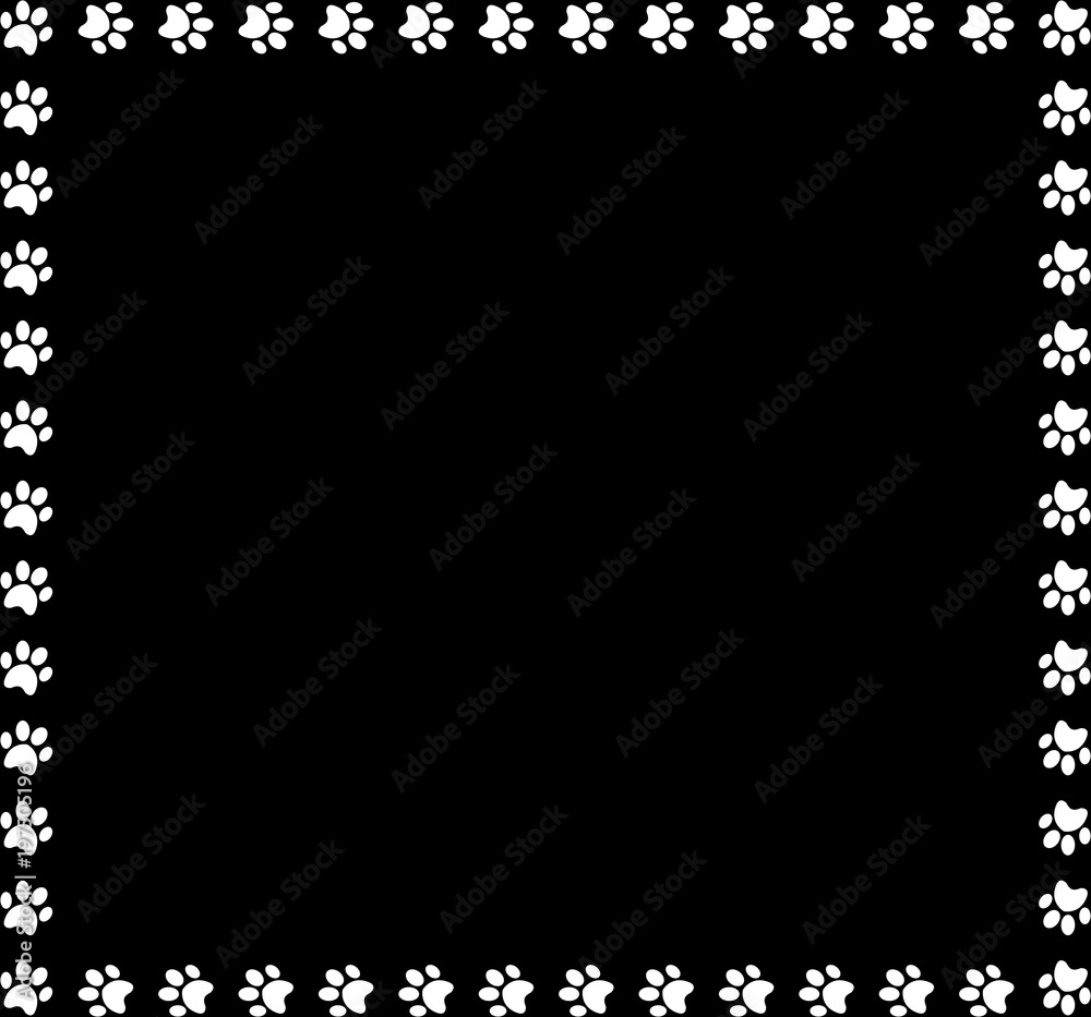 Square frame made of white animal paw prints on black background. Square frame made of white animal paw prints on black background.