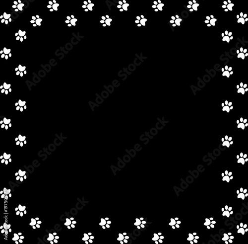 Square frame made of white animal paw prints on black background.