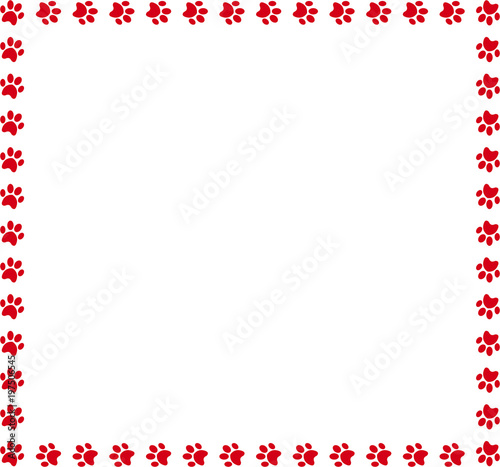 Square frame made of red animal paw prints on white background.