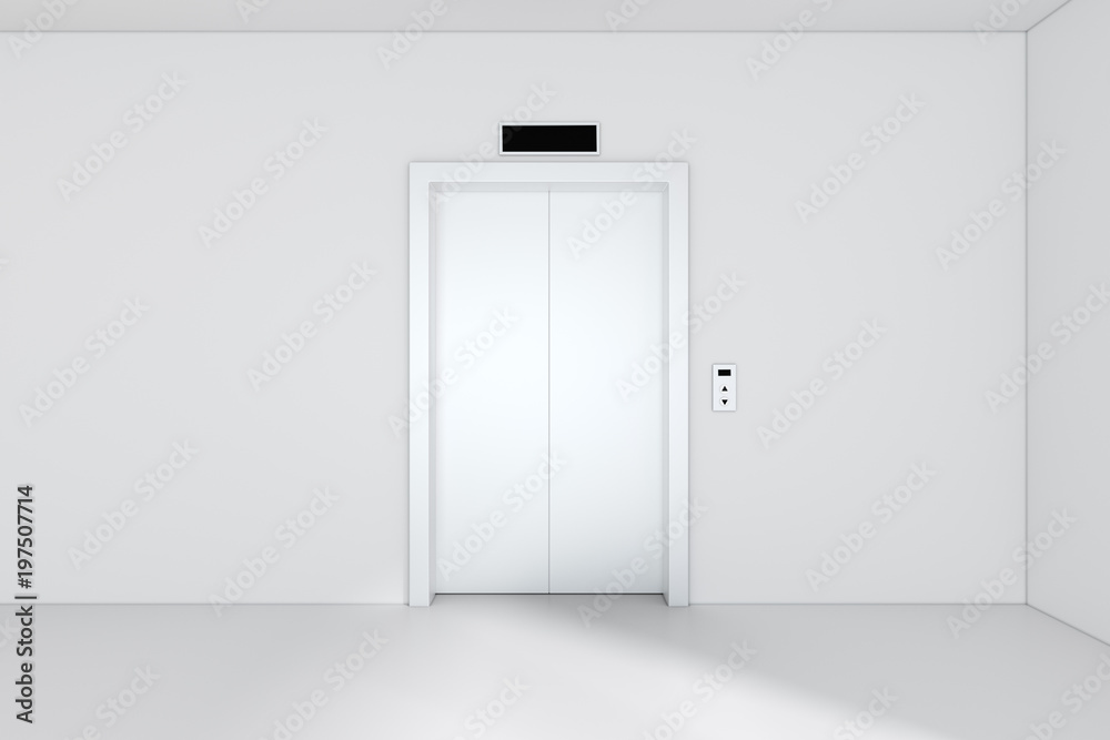 Modern elevator or lift doors made of metal closed in building with lighting. 3d rendering. Modern elevator or lift doors made of metal closed in building with lighting. 3d rendering.