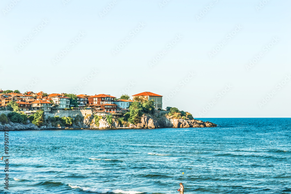 Fragment of the old town of Sozopol, Bulgaria. View of the bay on the Black Sea in the town.