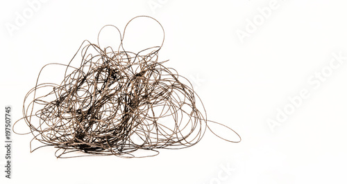 a bundle of tangled black threads on a white background concept of a confusing situation, mock up for text, for phrases, for lettering