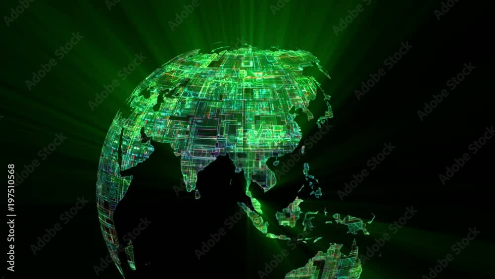 World globe of electronic circuits. Loop from 19:00 to end. This version starts with the full earth, then zooms in to the northern hemisphere. Joins seamlessly to other clips in my portfolio.