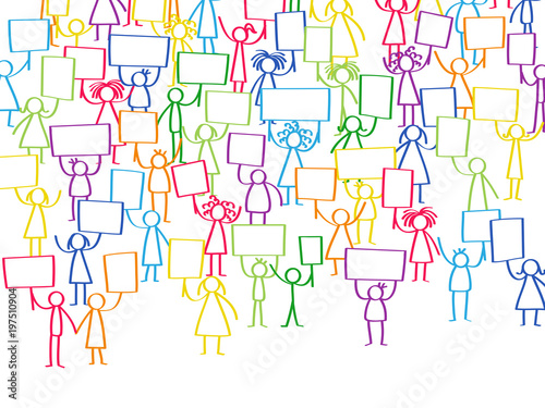 Vector illustration of protesting colorful stick figures, holding up blank signs isolated on white background