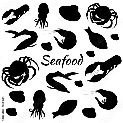 Hand drawn set with black seafood silhouettes