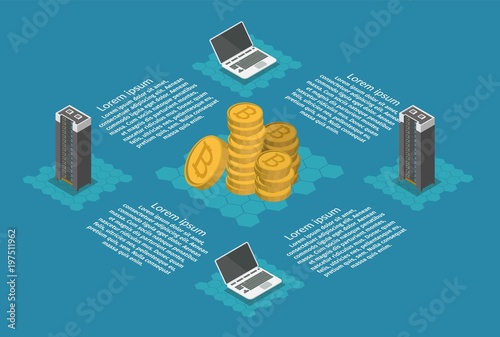 Isometric Bitcoin mining farm concept 3d infographic.