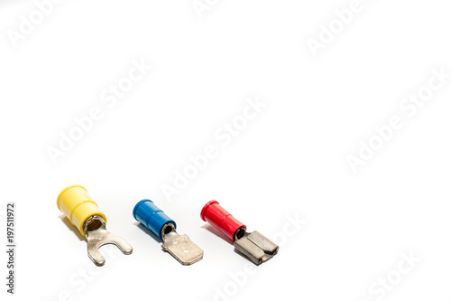 Electrical wire connector, Butt Splice connector, Ferrules, Fork Terminal, Pin Terminal, Ring Terminal, Wire Disconnect on white background.