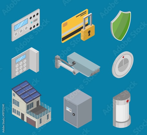 Isometric home security set elements of technology system alarm vector.