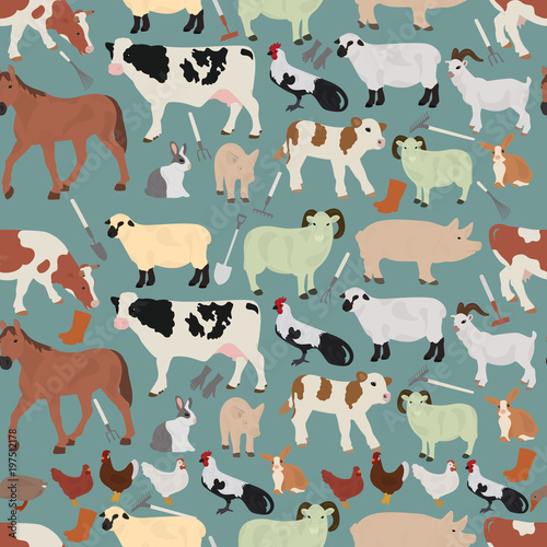 Vector seamless pattern with farm animals in retro style © daudau992