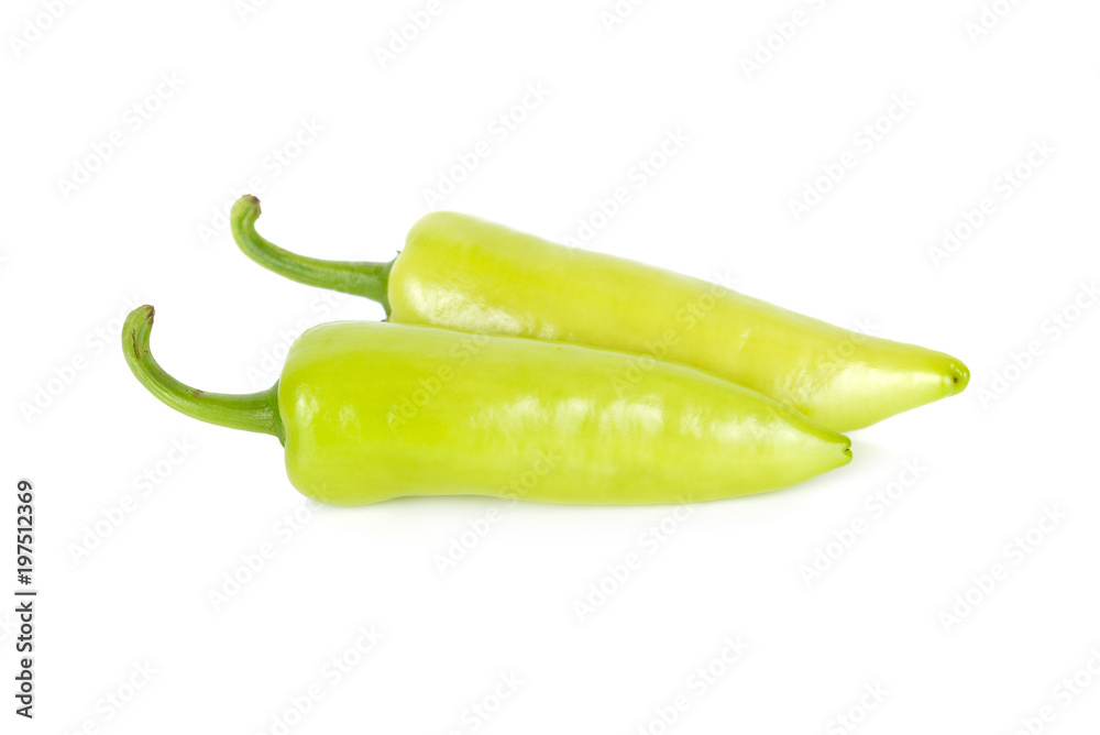 fresh green chili peppers with stem on white background fresh green chili peppers with stem on white background