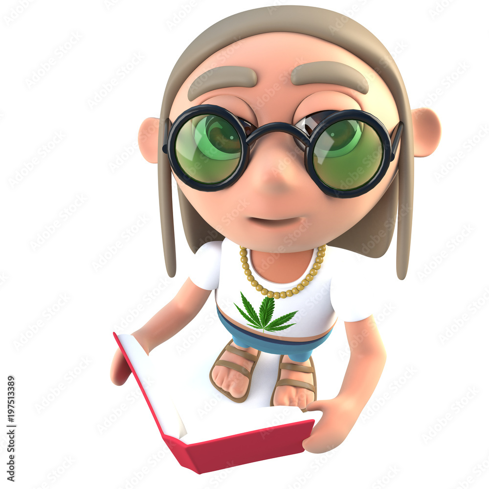3d Funny cartoon hippy stoner character reading a book 3d Funny cartoon hippy stoner character reading a book