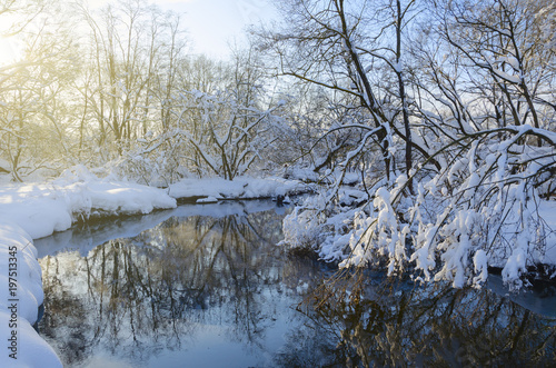 Frosty winter landscape with river.Snow covered trees on the riverbank.Cold sunny morning.Nature after heavy snowfall.Snowy fairy tale.Shining sunlight.River Konchura in Moscow region,Russia. 