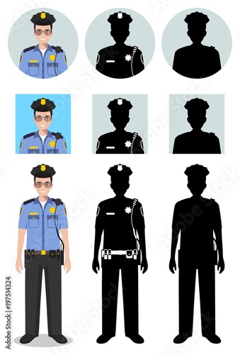 Police people concept. Detailed illustration and silhouettes and silhouettes of officer, policeman and sheriff in flat style on white background. Differences people characters avatars icons. Vector.