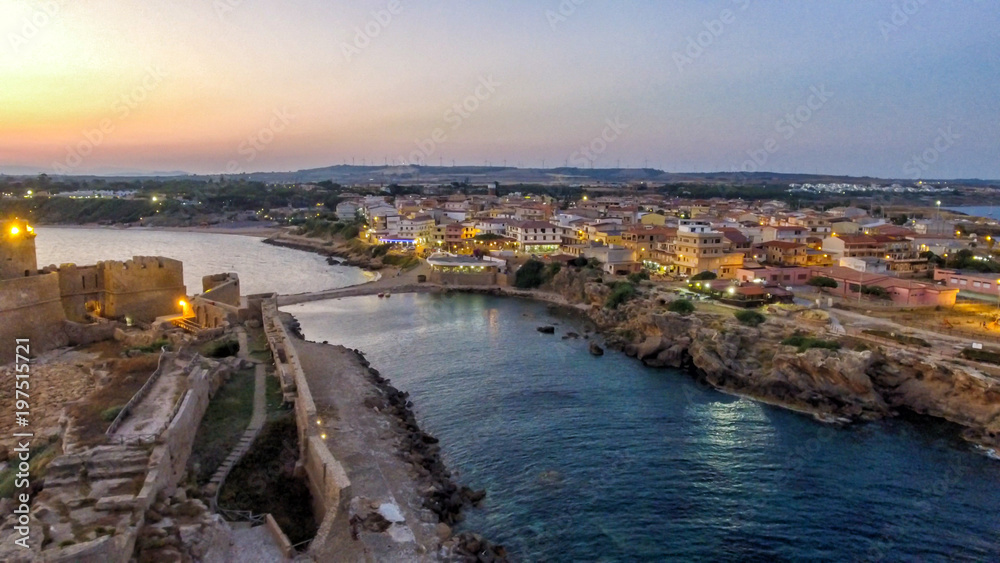 Obraz premium Aerial view of Aragonese Fortress at sunset, Le Castella - Italy