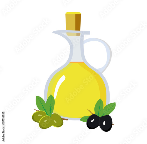 Jug filled with olive oil and olives