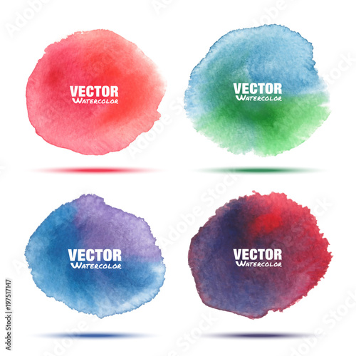 Set of bright red green blue violet watercolor vector circle stains isolated on white background with realistic paper watercolor texture. Aquarelle vibrant spots. Blur light wash drawing elements. 