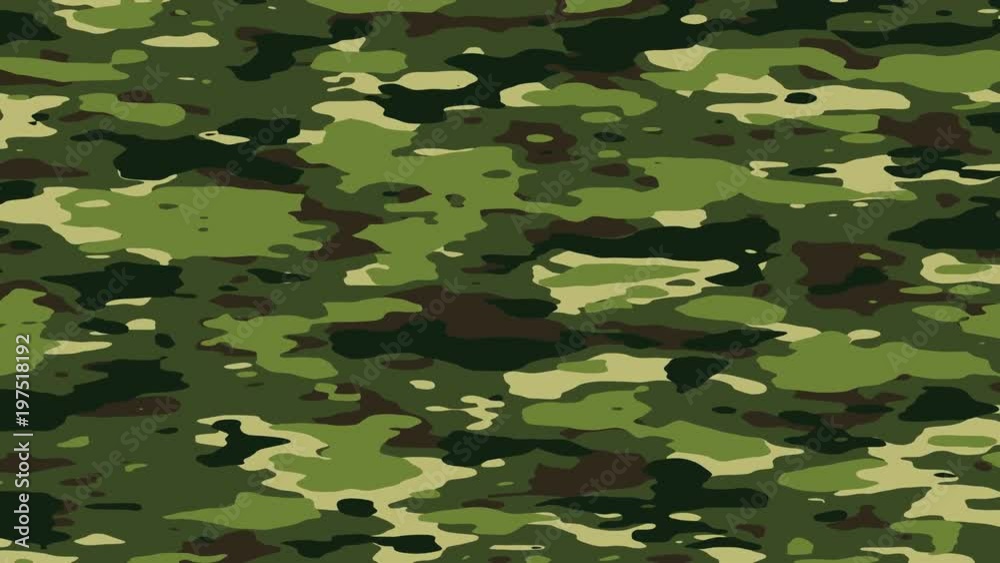 Camouflage pattern background loop in jungle/forest camo colors: khaki, green. Evolving background animation. In 4K and HD.