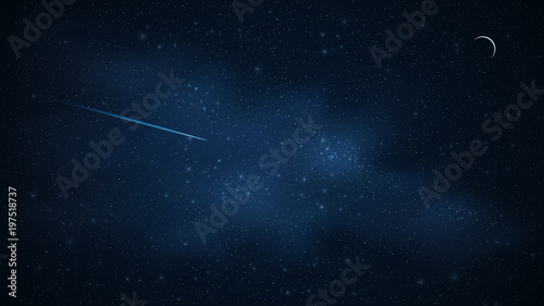 Realistic starry sky with a luminous blue milky way. Shooting star. Moon month. The meteorite is falling. Shining stars in the dark sky. Wallpaper for your project. Vector illustration